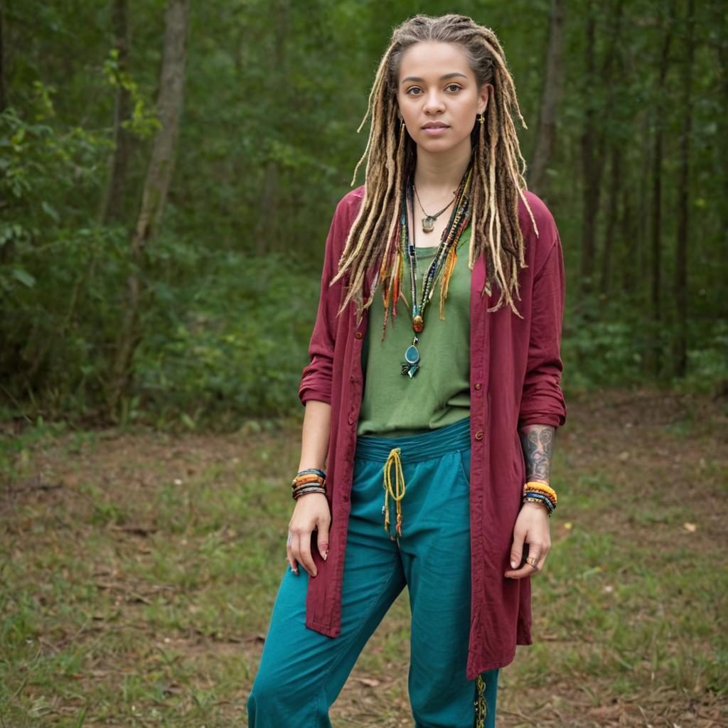 Confident White Woman in Colorful Outfit with Dreadlocks