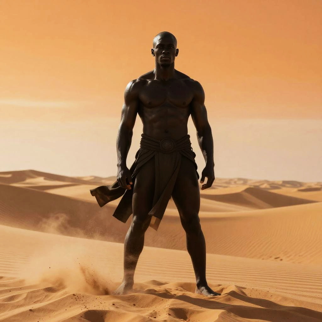 Strong Muscular Man in Desert with Tribal Clothing