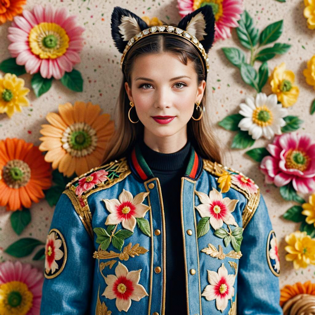 Stylish Woman in Floral Setting with Embroidered Denim Jacket