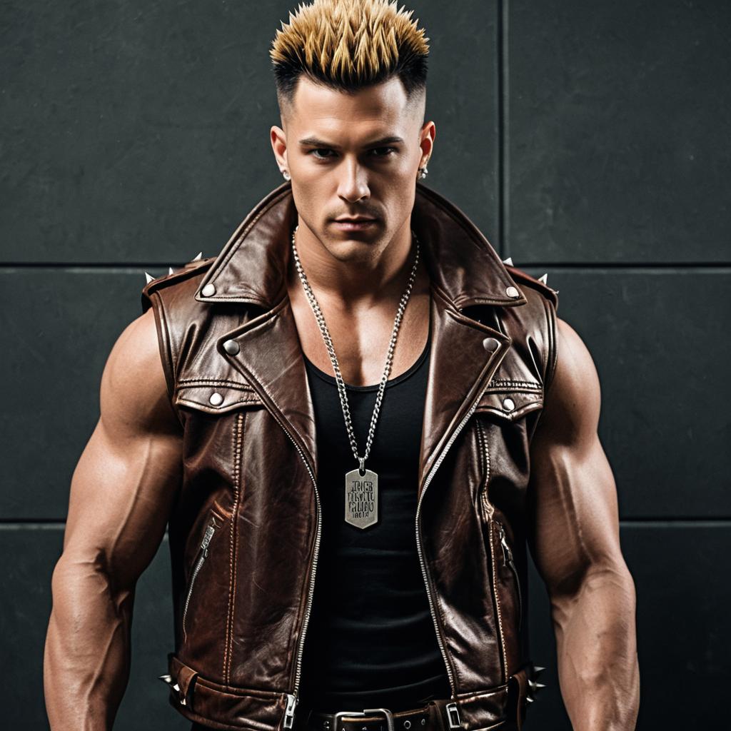 Muscular Man with Blonde Spiked Hair in Brown Leather Punk Jacket
