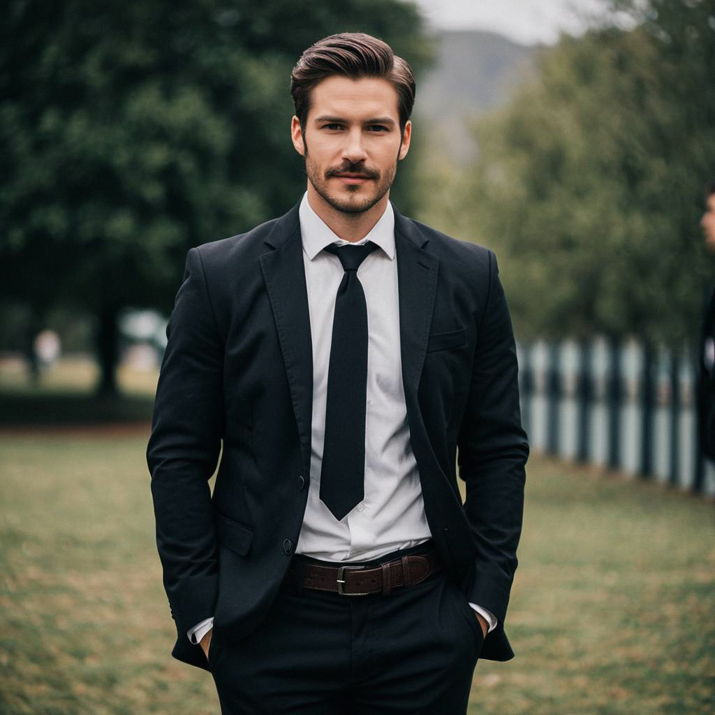 Confident Man in Black Suit Outdoors