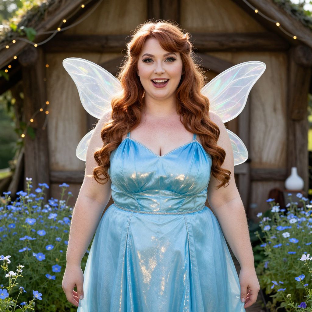 Woman in Shimmering Blue Fairy Costume with Wings in Garden