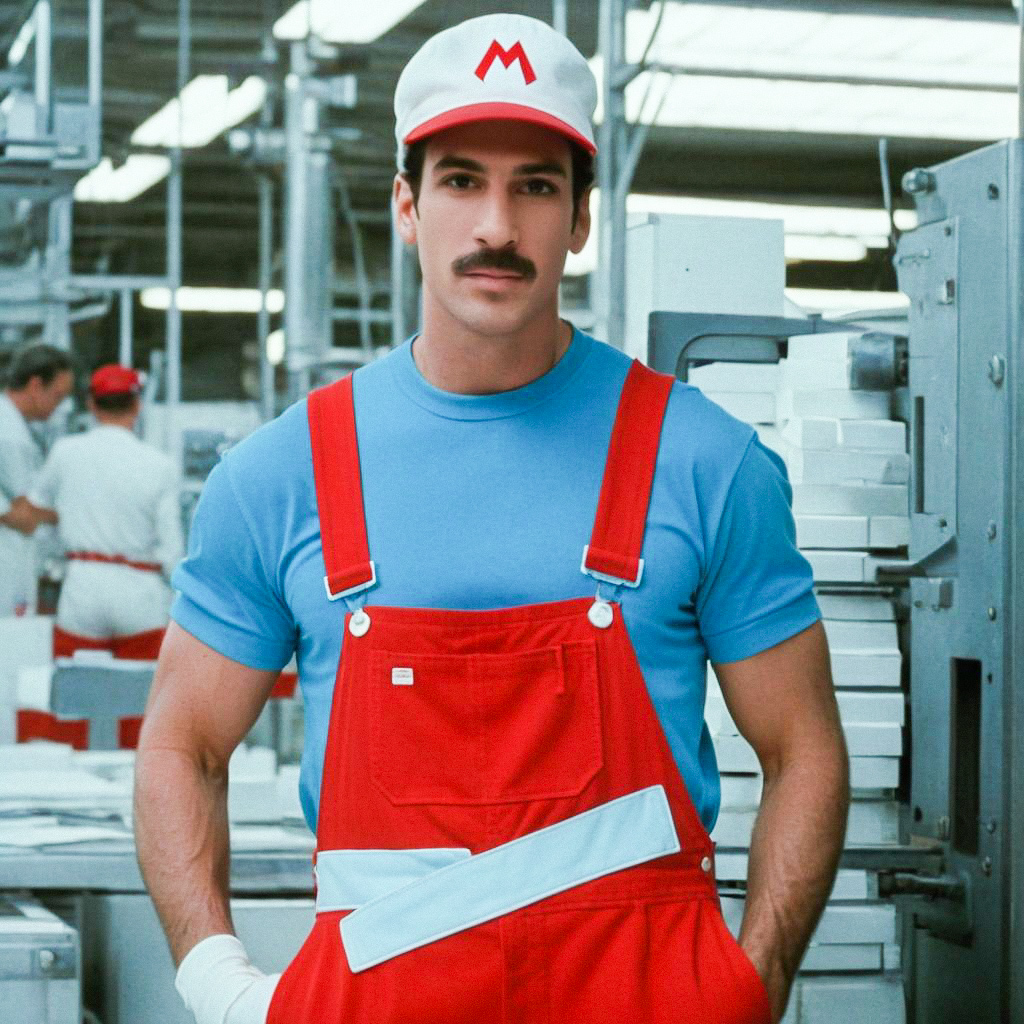 Man in Playful Video Game Outfit with Confident Pose Man in Playful Video Game Outfit with Confident Pose