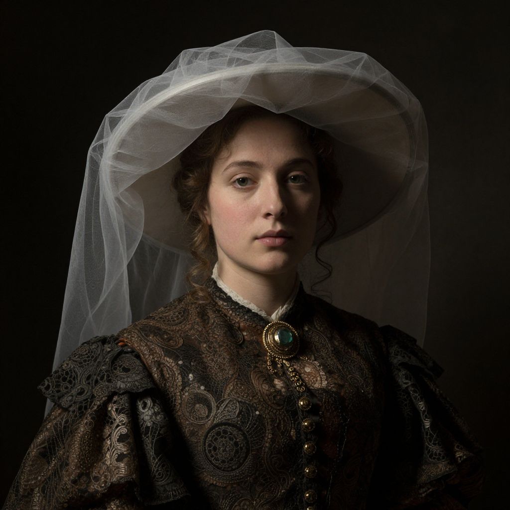 Victorian Style Woman in Ornate Gown and Sheer Tulle Hat Portrait