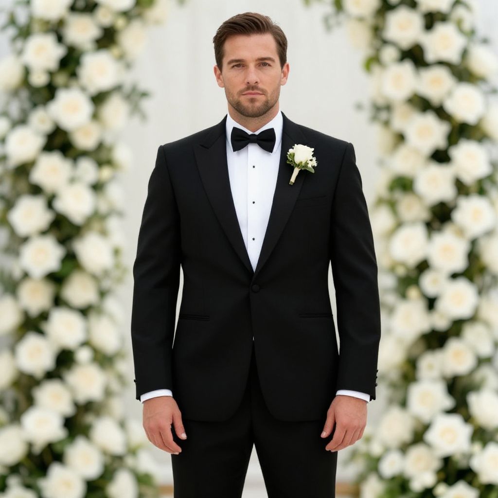 Elegant Man in Black Tuxedo with White Rose Boutonniere Wedding Portrait