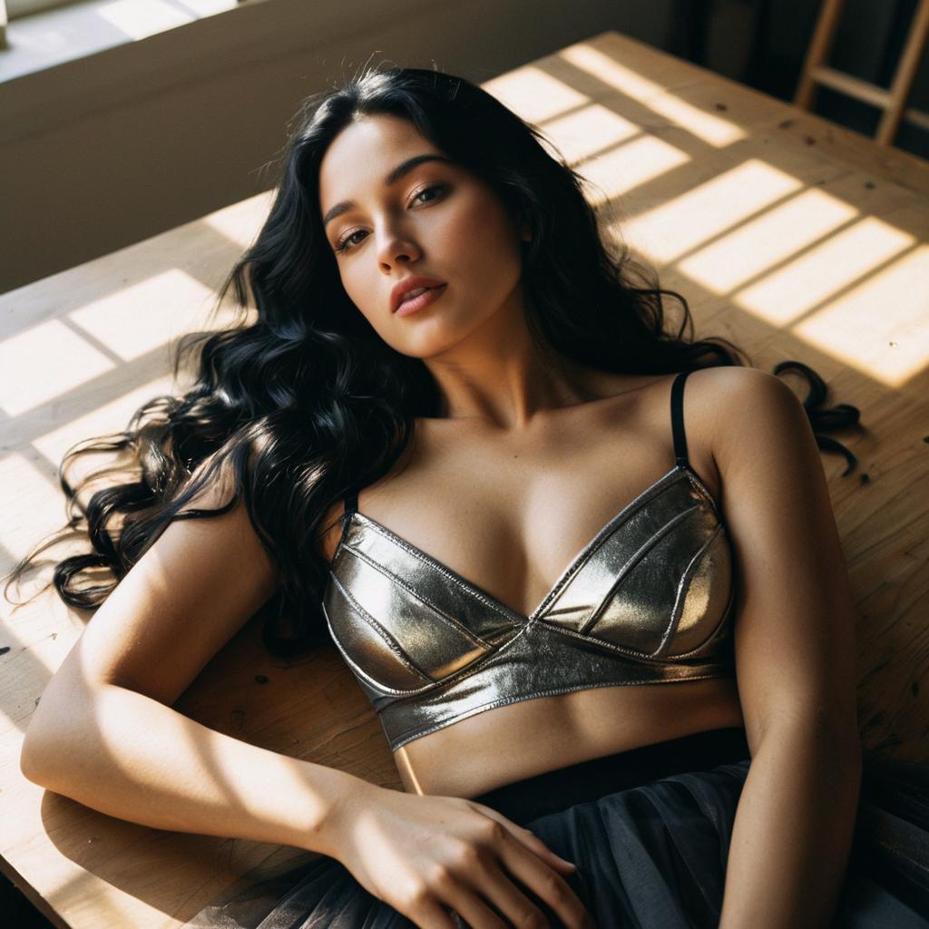 Young Woman in Metallic Silver Bralette Reclining in Sunlit Room