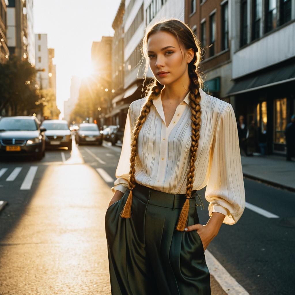 Young Woman With Braided Hair in Urban Street Fashion at Sunset