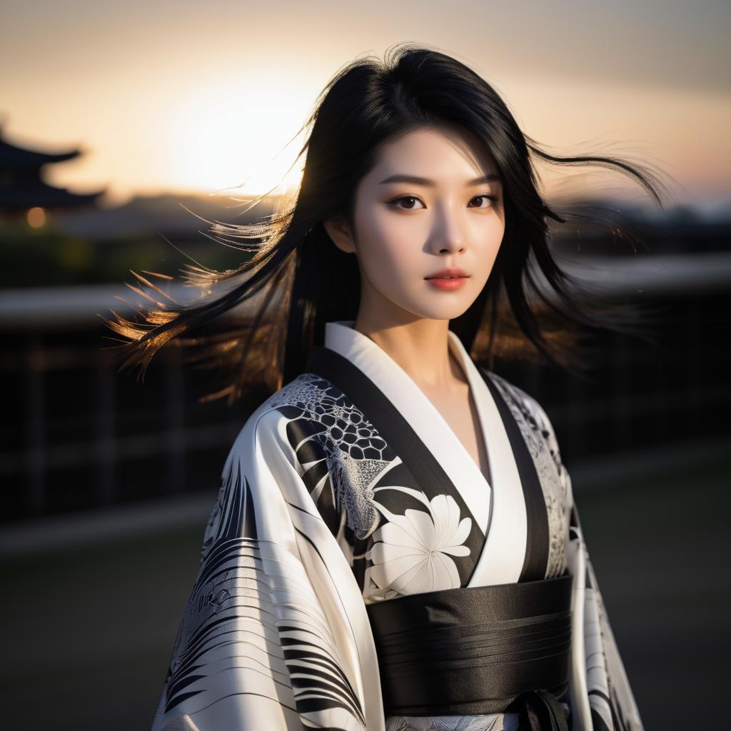 Woman in Traditional Kimono at Sunset