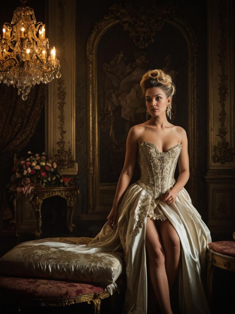 Elegant woman in vintage ball gown in opulent room