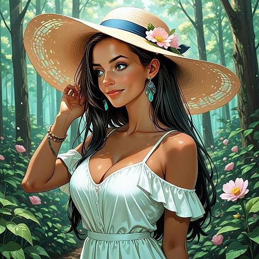 Elegant Woman in White Dress with Sun Hat in Blooming Forest Digital Art