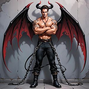 Muscular Man with Demonic Wings and Horns