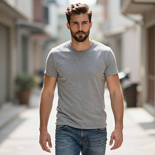 Casual Man Walking in Urban Alleyway Wearing Grey T-Shirt and Jeans