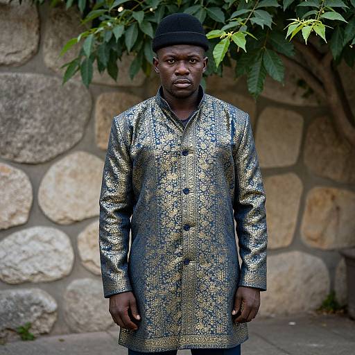 Man Wearing Metallic Gold Floral Patterned Long Coat with Black Beanie Outdoors