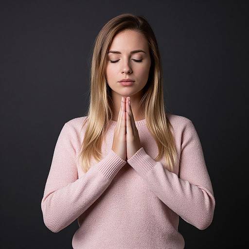 Young Woman Meditating with Hands Pressed Together in Pink Sweater