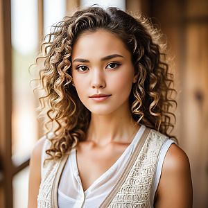 Young Woman with Curly Hair in Soft Light