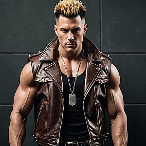 Muscular Man with Blonde Spiked Hair in Brown Leather Punk Jacket