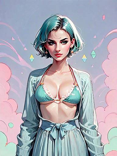 Digital Art of Woman with Teal Hair in Bikini and Wrap Dress