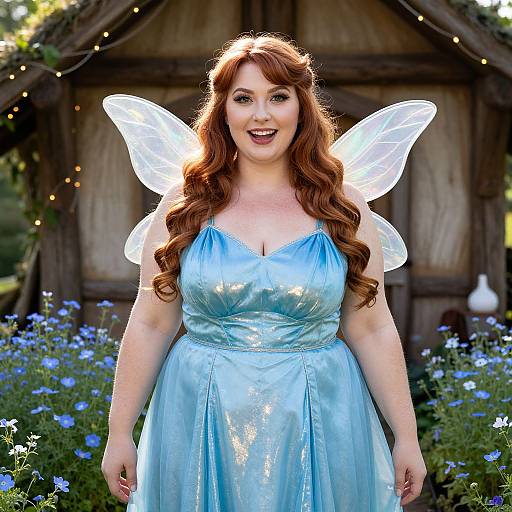 Woman in Shimmering Blue Fairy Costume with Wings in Garden