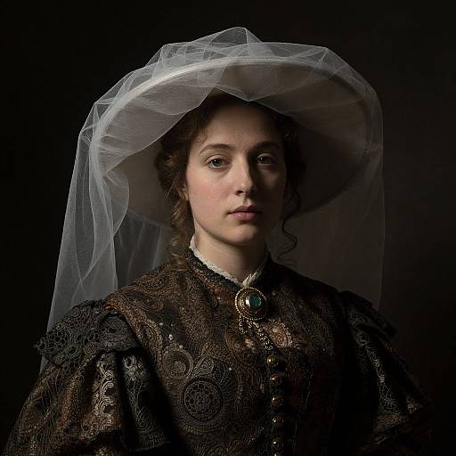 Victorian Style Woman in Ornate Gown and Sheer Tulle Hat Portrait