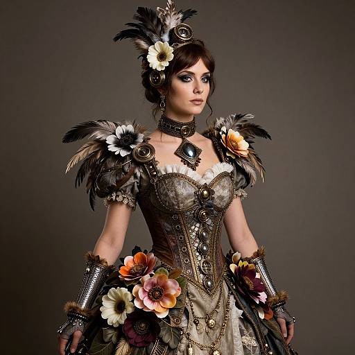 Steampunk Woman in Ornate Floral and Feather Corset Costume