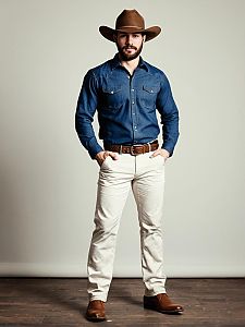 Man in Classic Cowboy Outfit Wearing Blue Denim Shirt and Brown Hat