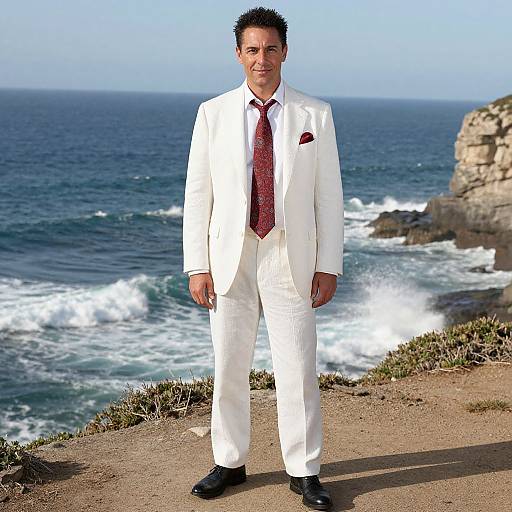 Man Wearing White Suit and Red Tie Standing by Ocean Cliff