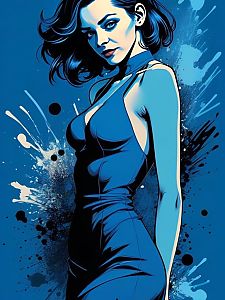 Confident Woman in Blue Dress with Dynamic Backdrop