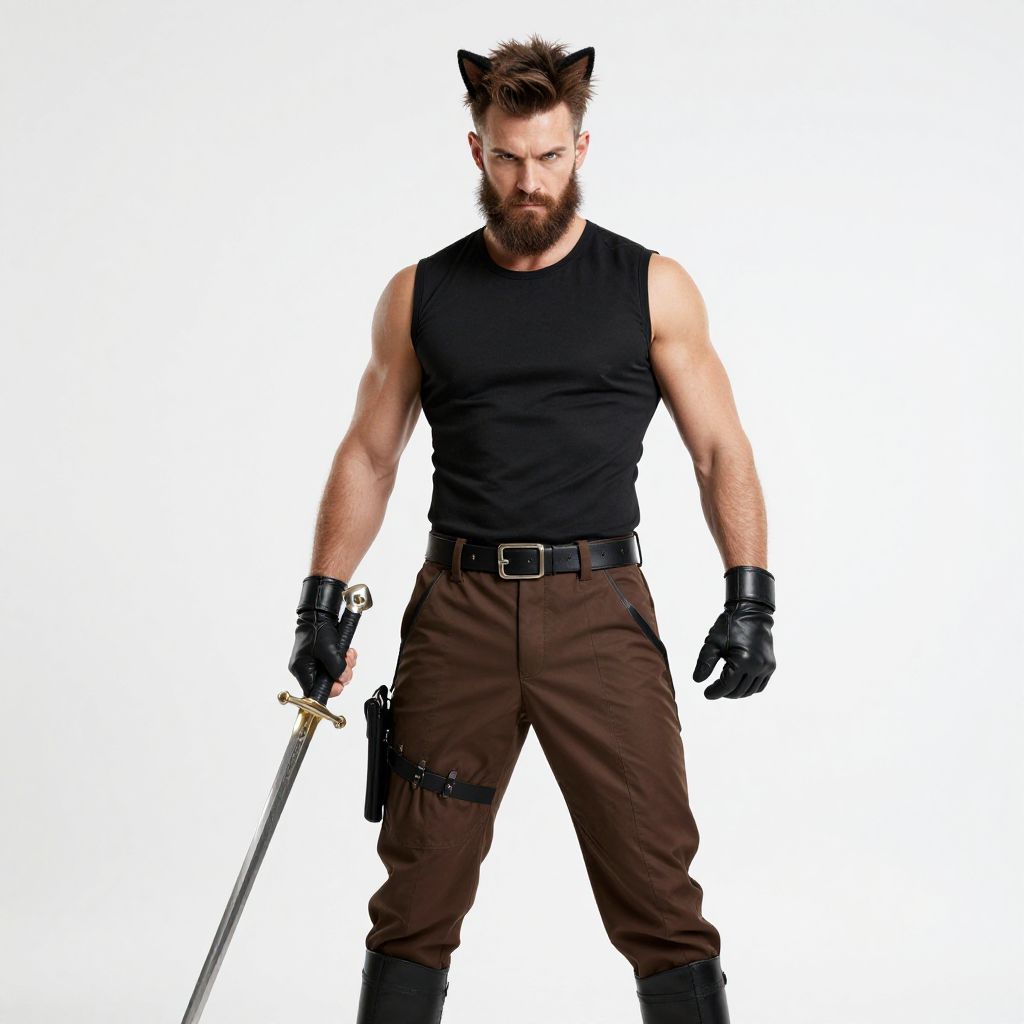 Man in Black Sleeveless Shirt Holding Sword with Brown Pants and Black Gloves