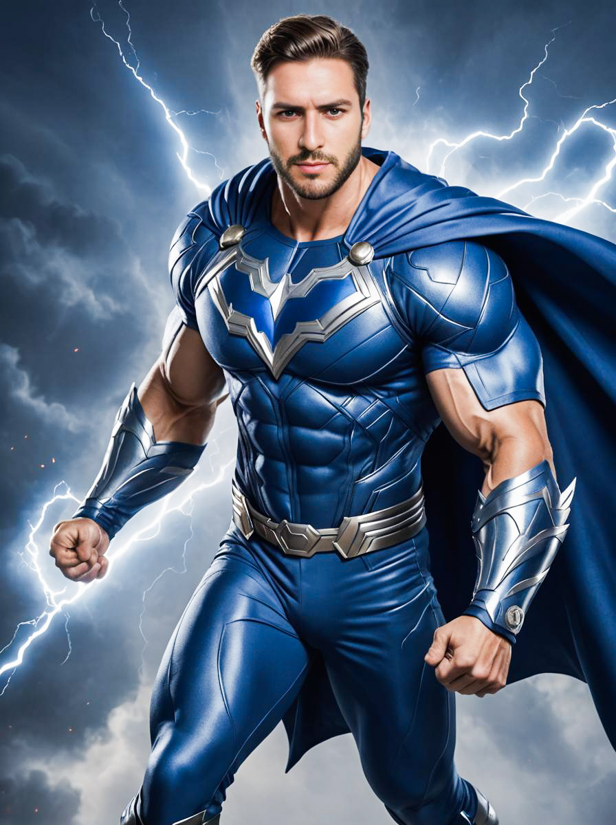 Dynamic Superhero in Blue Costume