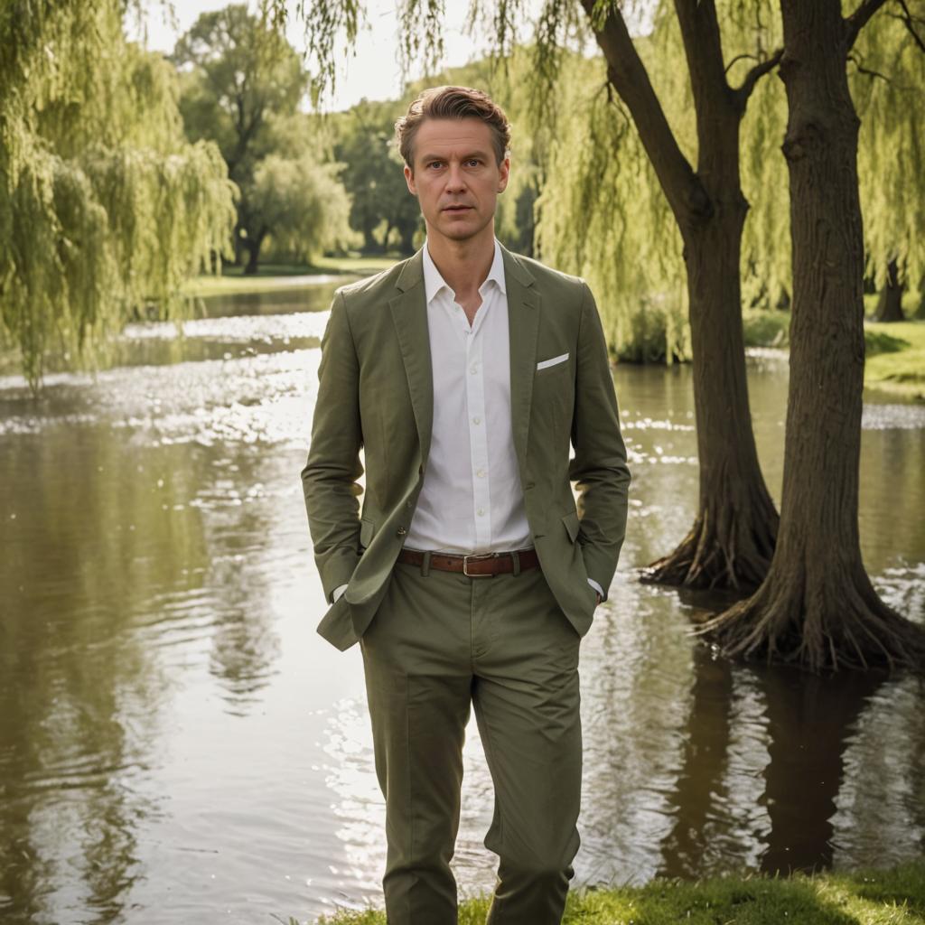 Confident Man by Water in Green Suit