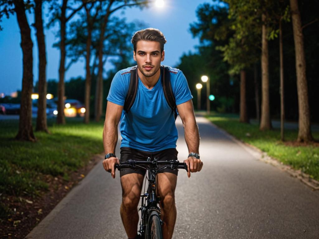 Man on bicycle with backpack on outdoor path