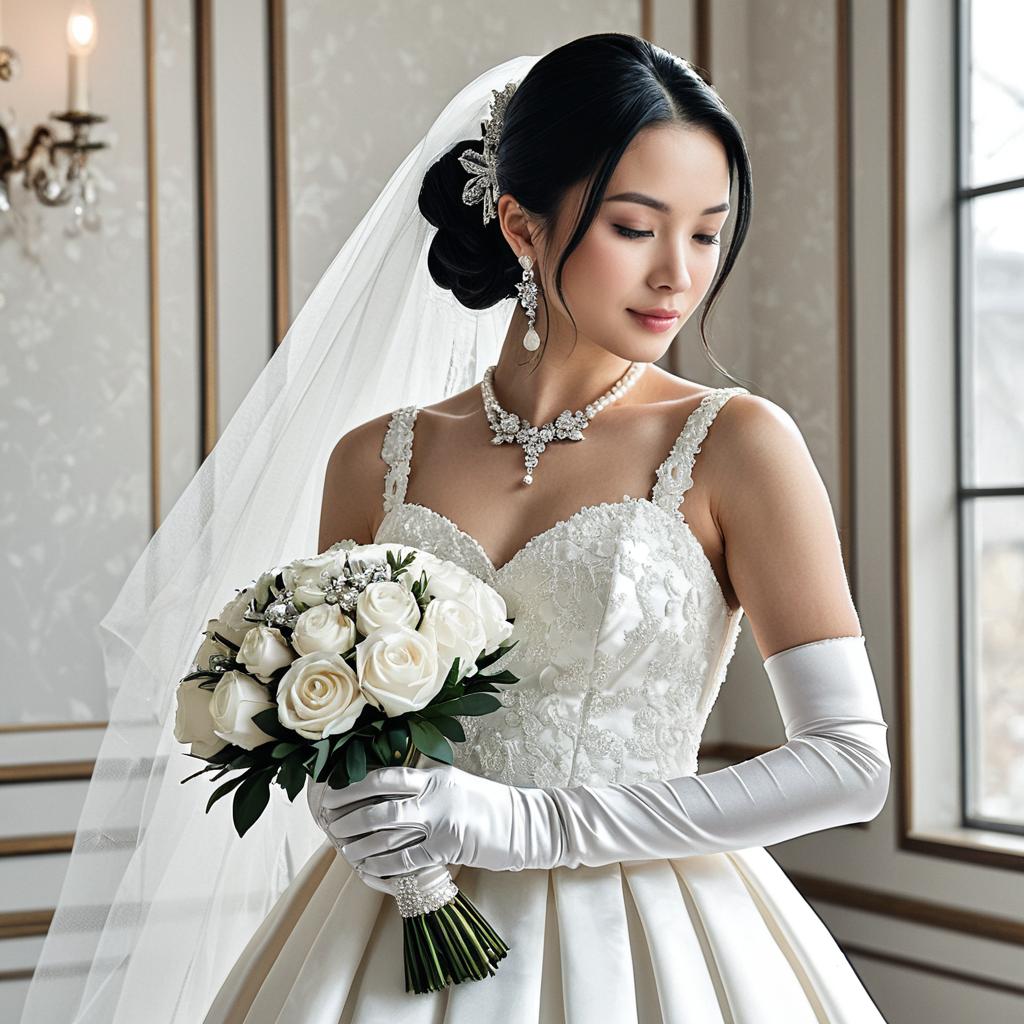 Elegant Bride in Classic Wedding Gown Holding White Rose Bouquet