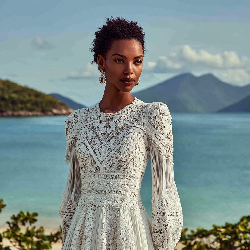 Elegant White Lace Dress by the Ocean Elegant White Lace Dress by the Ocean