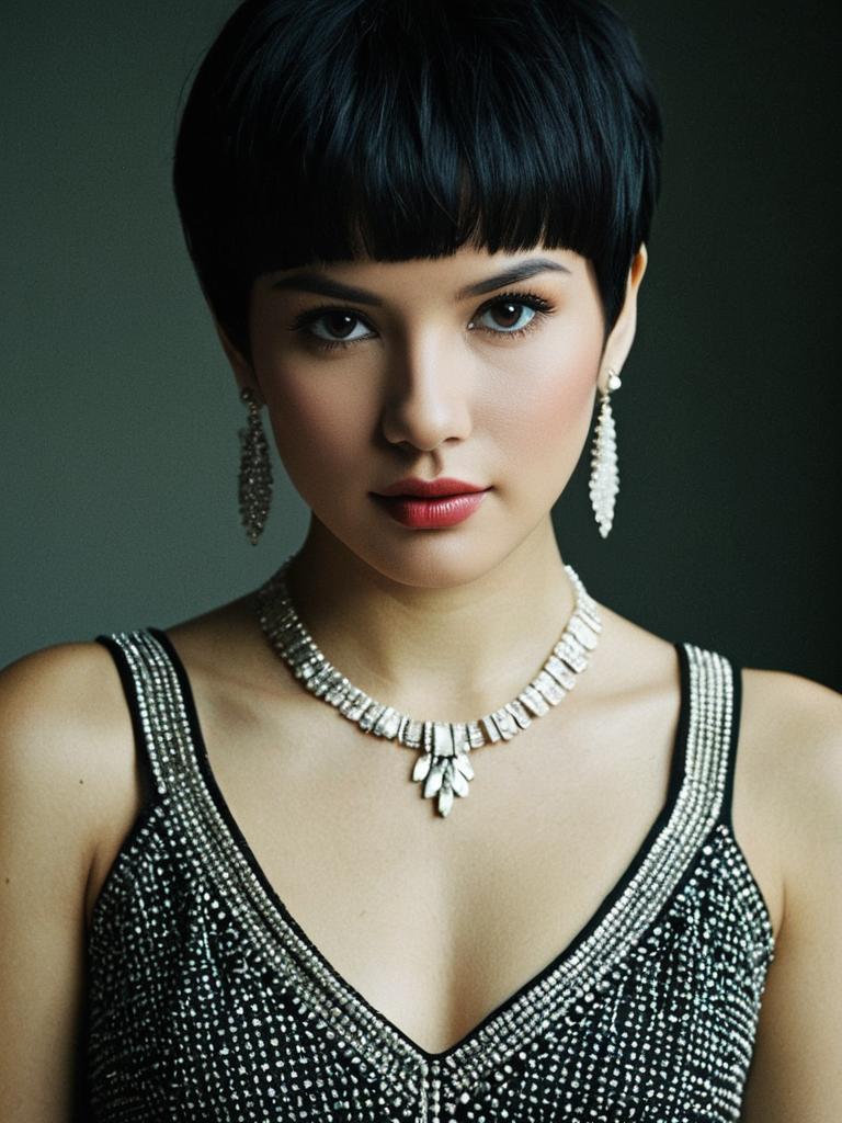 Elegant Woman with Pixie Cut Weave Closure Wearing Jewelry and Embellished Dress