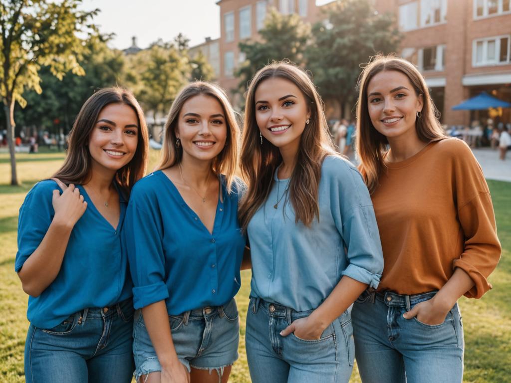 Four Women Friends Smiling Outdoors in Dodger Blue