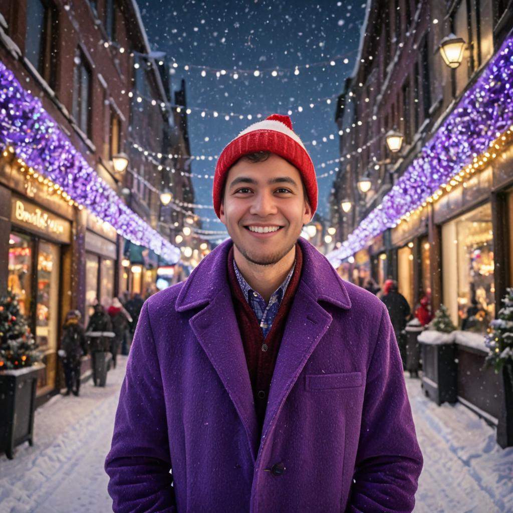 Cheerful man in purple coat and Santa hat in Christmas alley