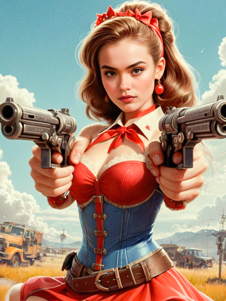 Empowering Woman in Vintage Western Outfit with Revolvers