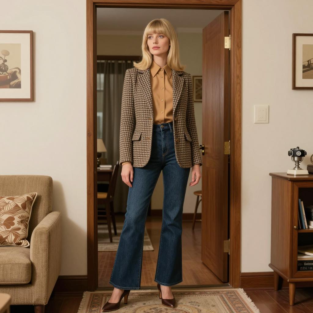 Woman in Retro Houndstooth Blazer and High-Waisted Jeans Fashion