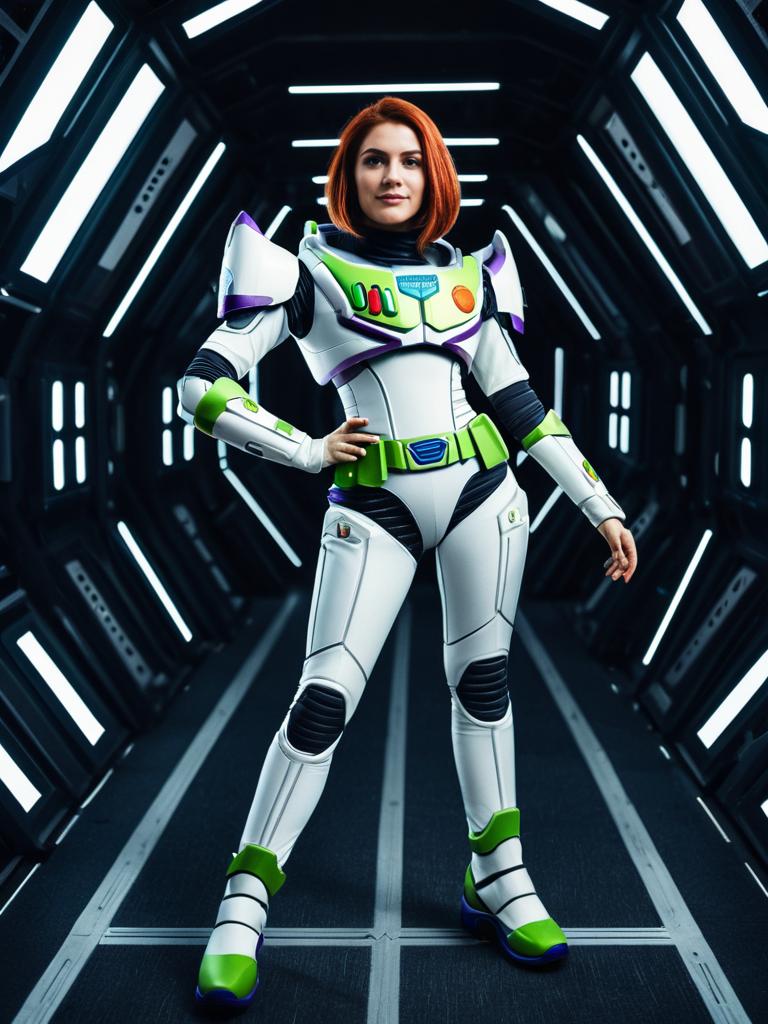 Woman in Buzz Lightyear Full Body Cosplay Costume in Futuristic Setting