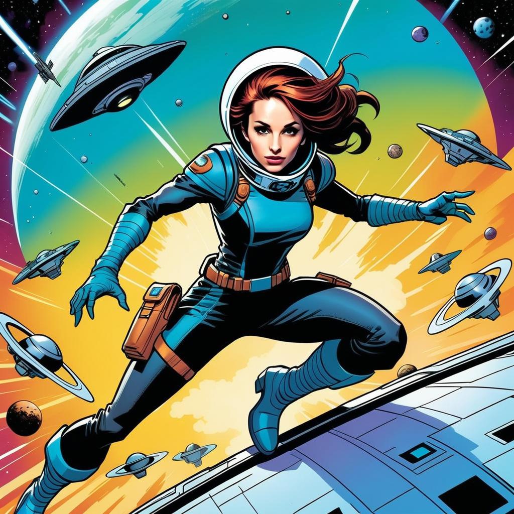 Woman Astronaut Leaping Over Spaceship