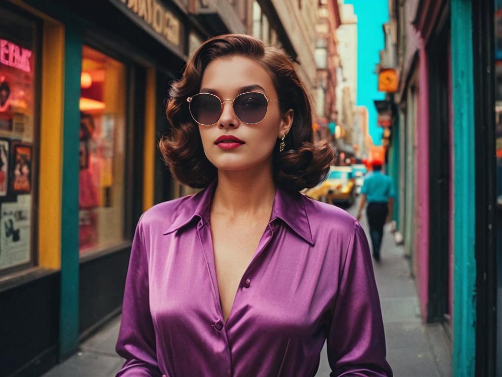 Classic Film Fashion: Woman in Satin Blouse and Round Sunglasses