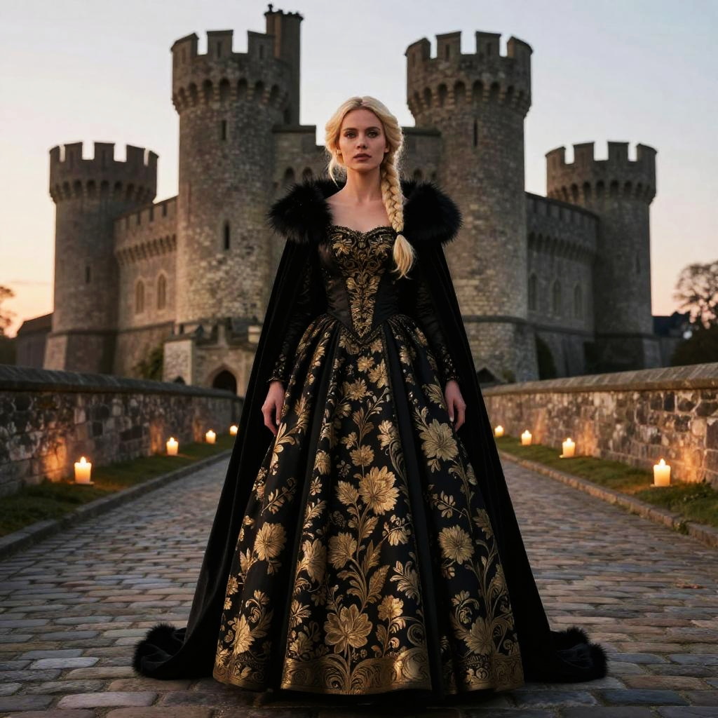 Woman in Black and Gold Renaissance Gown in Front of Medieval Castle