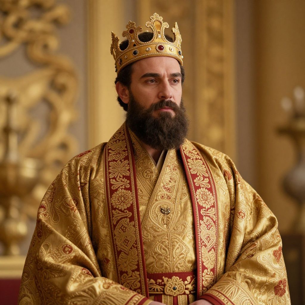 Regal Man Wearing Ornate Gold Crown and Embroidered Royal Robe