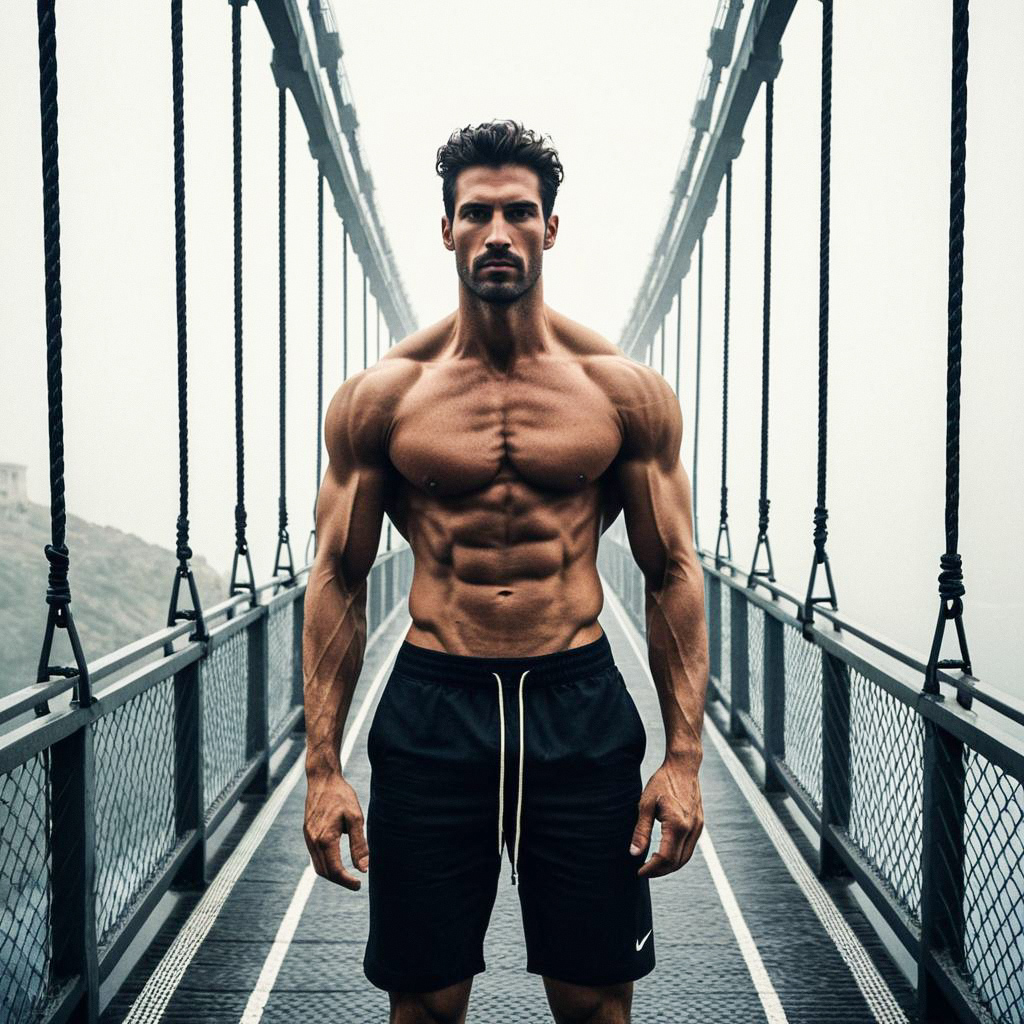 Muscular Man on Foggy Suspension Bridge