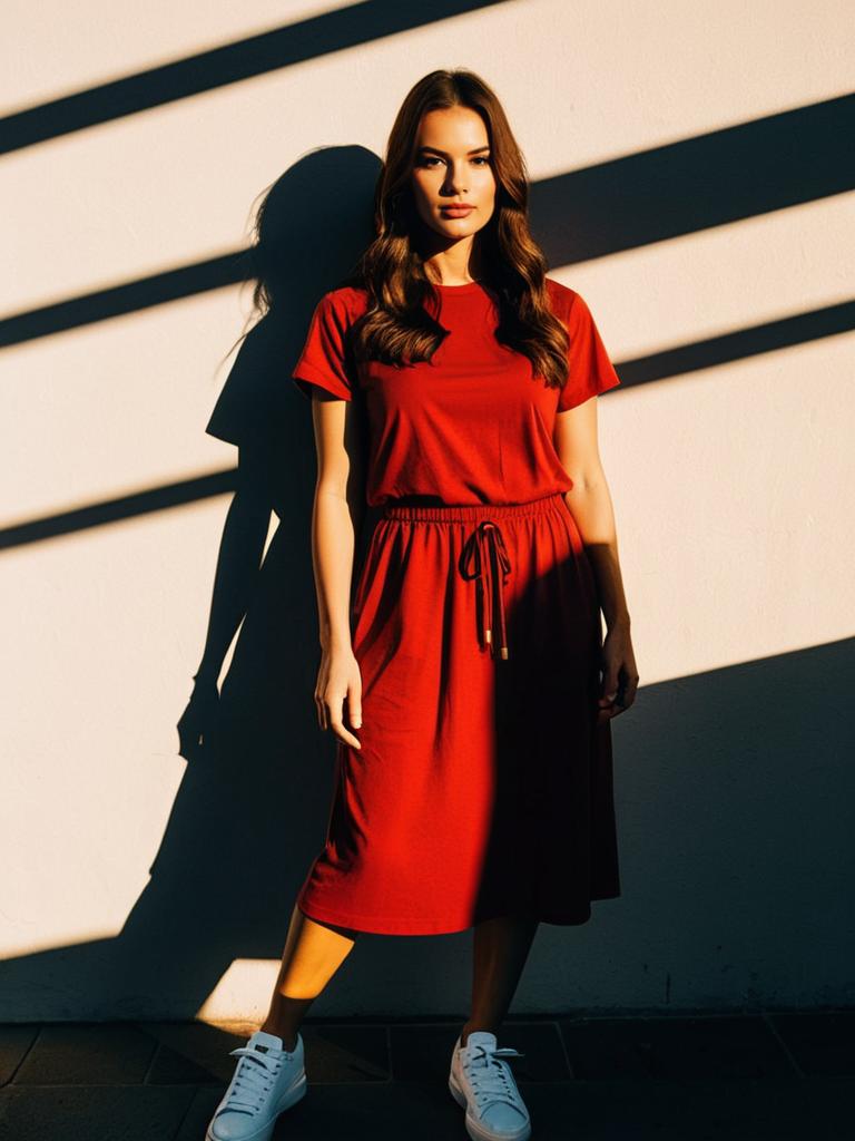 Woman Wearing Casual Chic Solid Red T-Shirt Dress with Short Sleeve and Crew Neck