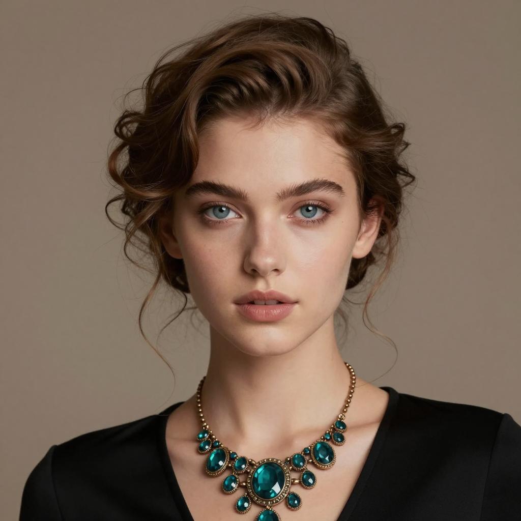 Young Woman Wearing Vintage Teal Gemstone Necklace with Black Outfit