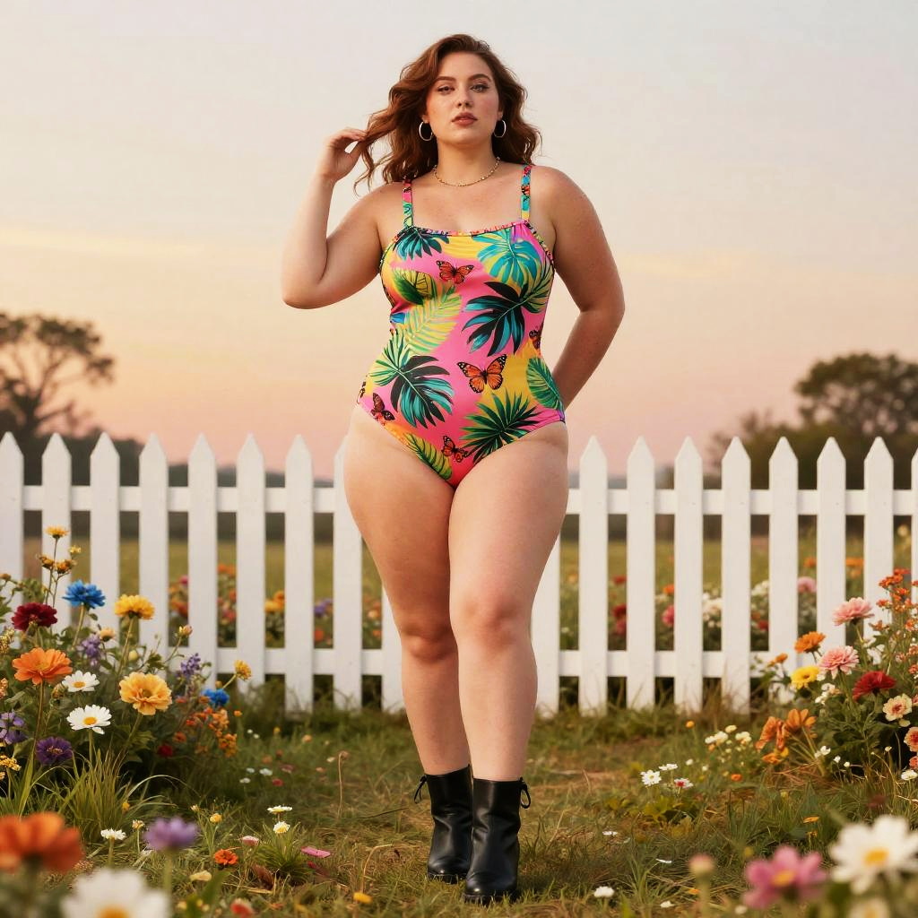 Stocky Woman in Vibrant Retro Printed Swimsuit Outdoors