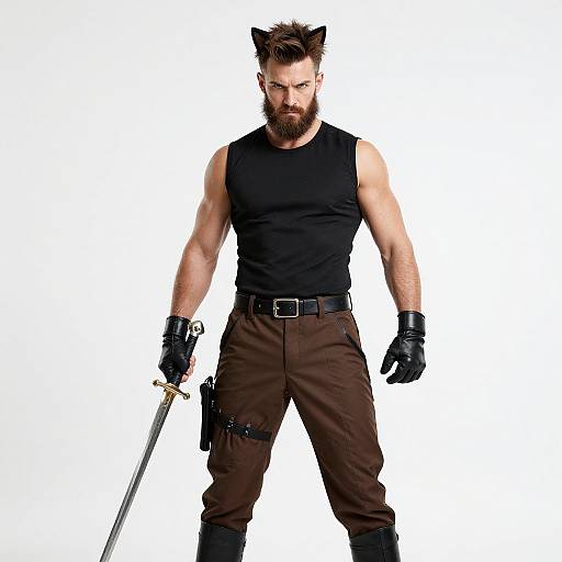 Man in Black Sleeveless Shirt Holding Sword with Brown Pants and Black Gloves