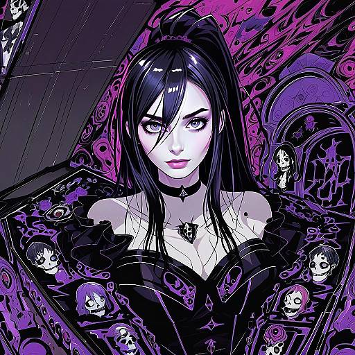 Gothic Anime Woman with Black Hair and Skull Motifs Illustration