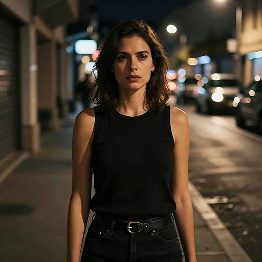Woman in Black Outfit Standing on Urban Street at Night